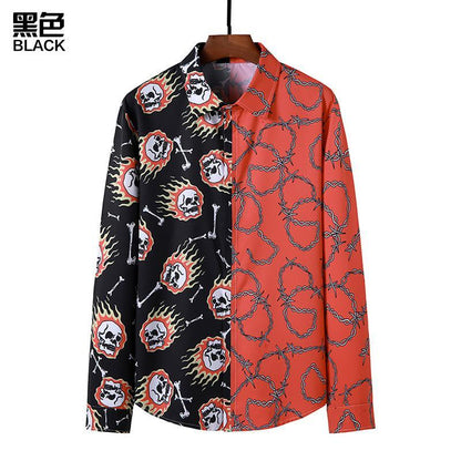 Men's 3D Button Flame Skull Chain Printing Long Sleeves Casual Shirts