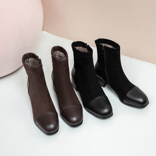 Women Color Block Low Heels Short Boots