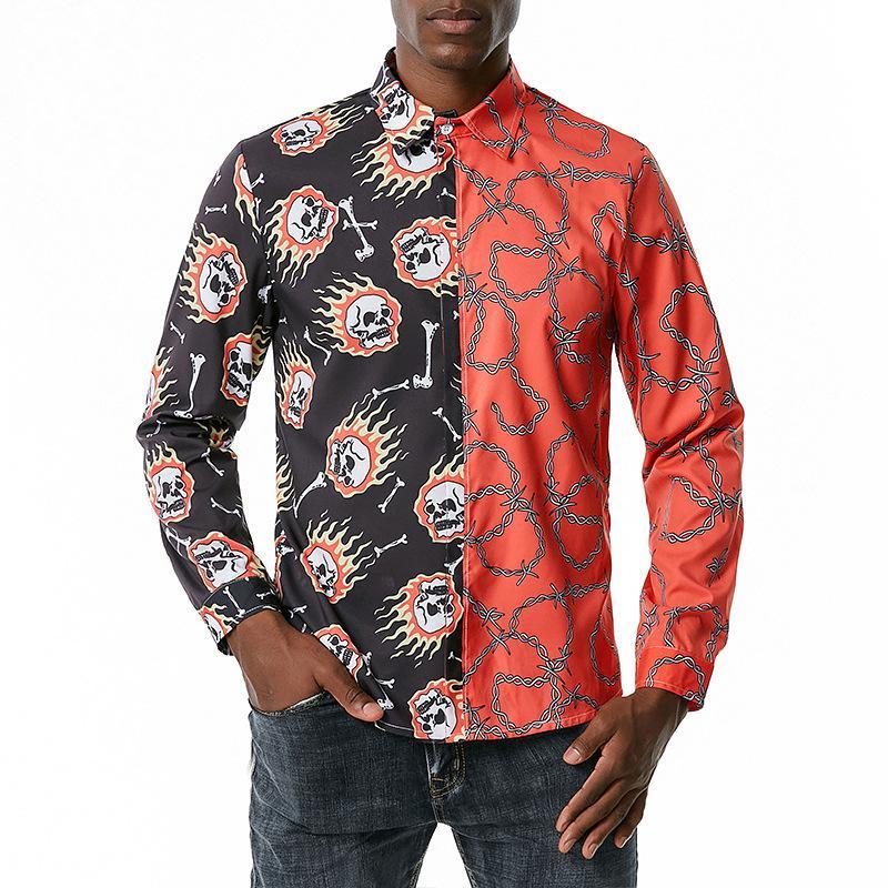 Men's 3D Button Flame Skull Chain Printing Long Sleeves Casual Shirts