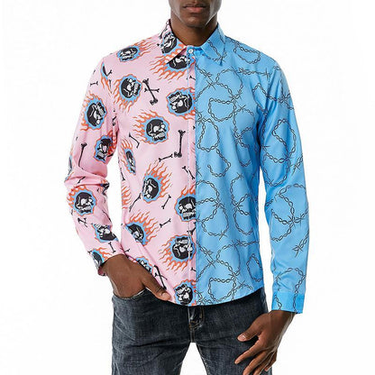 Men's 3D Button Flame Skull Chain Printing Long Sleeves Casual Shirts