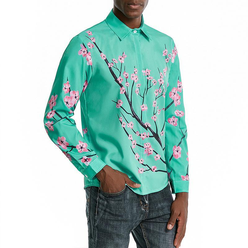 Men's 3D Button Flower Printing Long Sleeves Casual Shirts