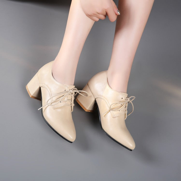 Lace Up Pu Leather Medium Heel Women Chunky Heel Pumps 3605