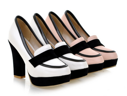 Women Platform Pumps Black and White Pu Leather High Heels Shoes Woman 3409