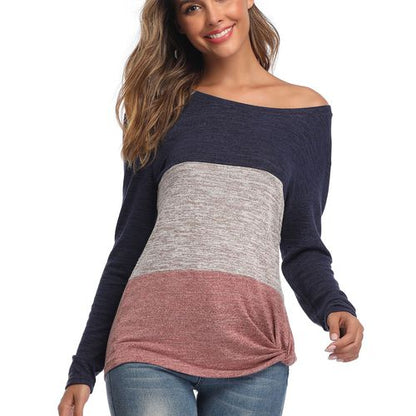 Womens Long Sleeve One Line Neck Contrast Color T-shirt