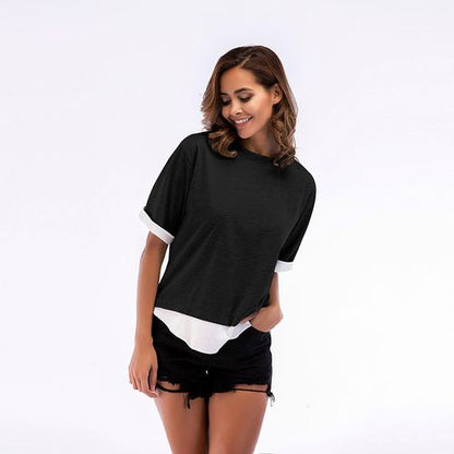 Plus Size Crew Neck Stitched Loose Casual Hem Short Sleeve Women T Shirts