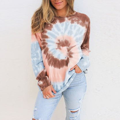 Womens Gradient Long Sleeve Tie Dyed T Shirt Top Round Neck Sweater