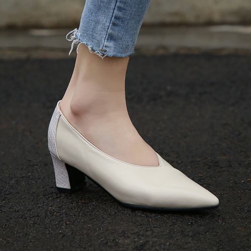 Women Pointed Toe High Heel Chunky Pumps