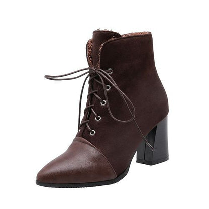 Women Pointed Toe Lace Up High Heels Short Boots