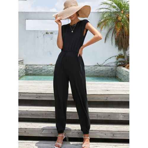 Womens Solid Color Sleeveless Jumpsuit