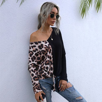 Women Leopard Print Stitching Color Contrast Top Long Sleeved T Shirt