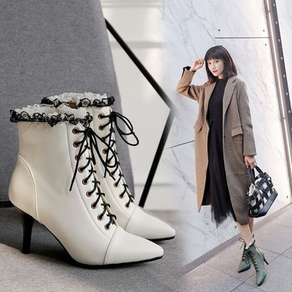 Pointed Toe Lace Up Women's Stiletto Heels Ankle Boots