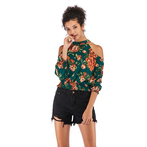 Sexy Off-the-shoulder Round Neck Spring Slim Print Jacket Women Chiffon Shirt Blouses