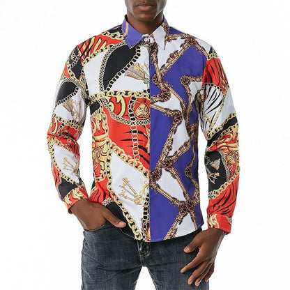 Men's 3D Button Royal Style Chain Printing Long Sleeves Casual Shirts