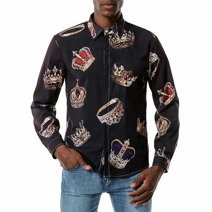 Men's 3D Button Royal Style Crown Printing Long Sleeves Casual Shirts