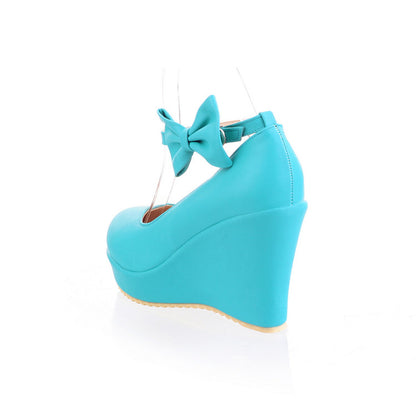 Women Heels Ankle Strap Bowtie Platform Wedges Shoes