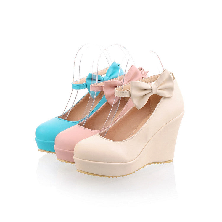 Women Heels Ankle Strap Bowtie Platform Wedges Shoes