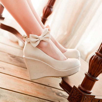 Women Heels Ankle Strap Bowtie Platform Wedges Shoes