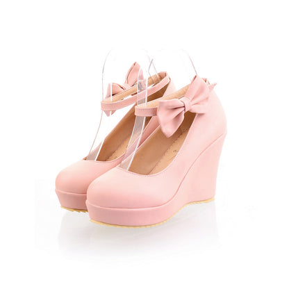 Women Heels Ankle Strap Bowtie Platform Wedges Shoes