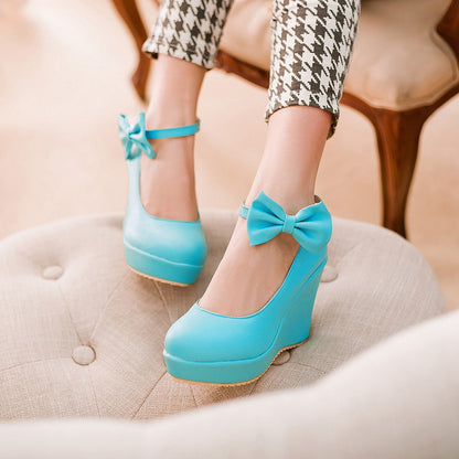 Women Heels Ankle Strap Bowtie Platform Wedges Shoes