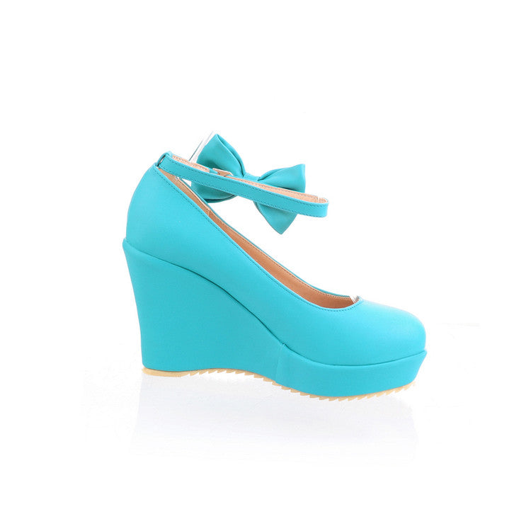 Women Heels Ankle Strap Bowtie Platform Wedges Shoes