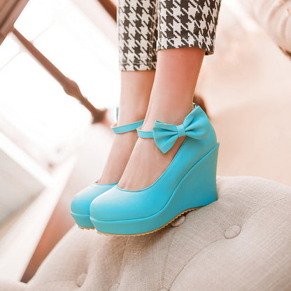 Women Heels Ankle Strap Bowtie Platform Wedges Shoes