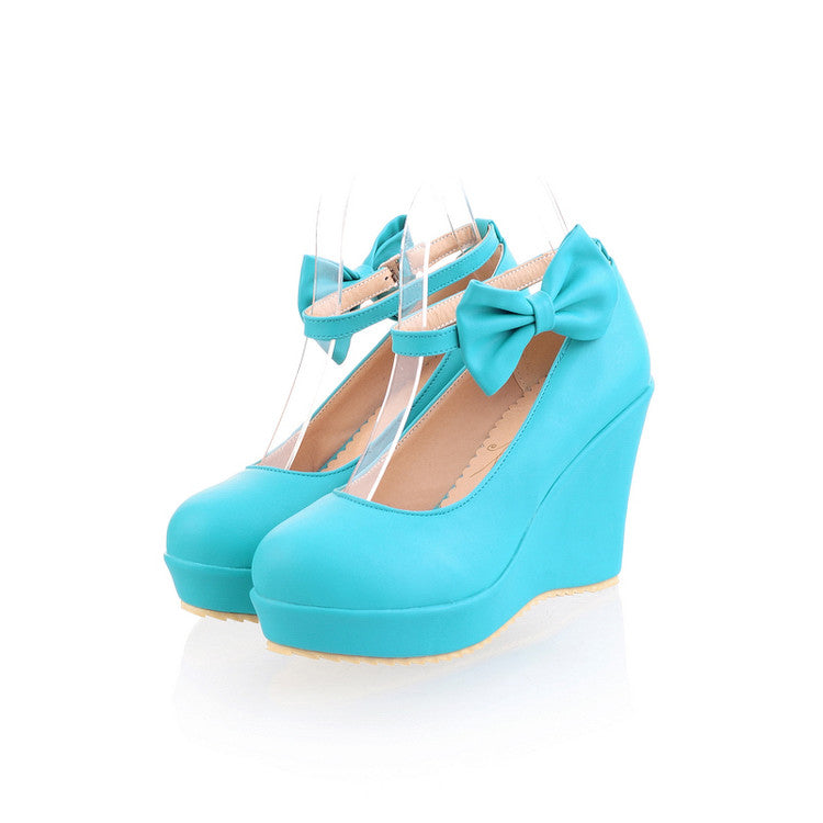 Women Heels Ankle Strap Bowtie Platform Wedges Shoes