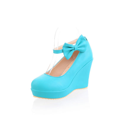 Women Heels Ankle Strap Bowtie Platform Wedges Shoes