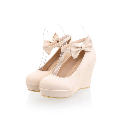 Women Heels Ankle Strap Bowtie Platform Wedges Shoes