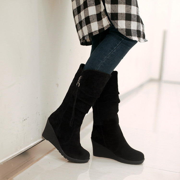 Women Suede Platform Wedges Heel Mid Calf Boots