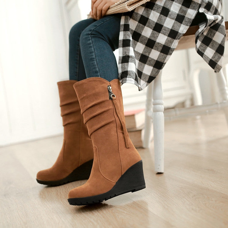 Women Suede Platform Wedges Heel Mid Calf Boots