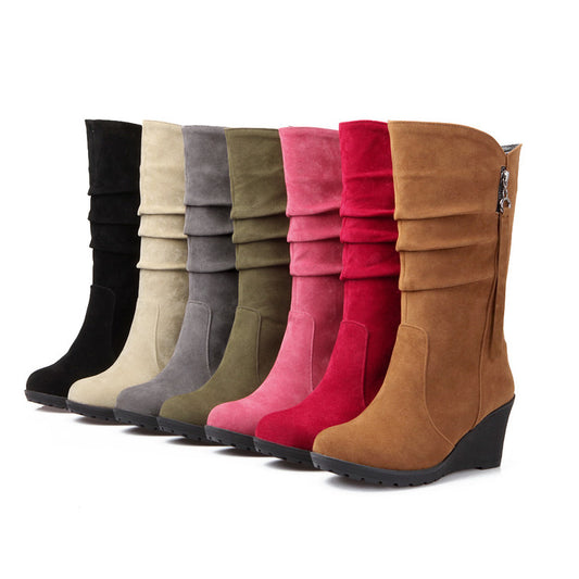 Women Suede Platform Wedges Heel Mid Calf Boots