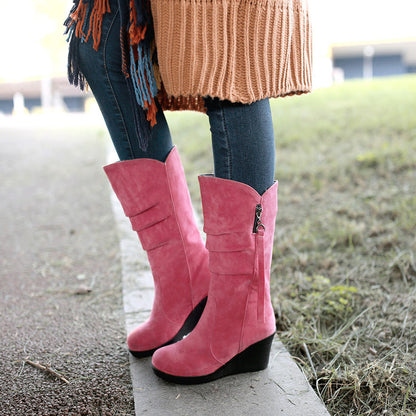 Women Suede Platform Wedges Heel Mid Calf Boots