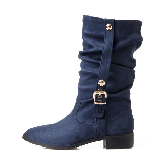 Women Buckle Low Heel Mid Calf Boots