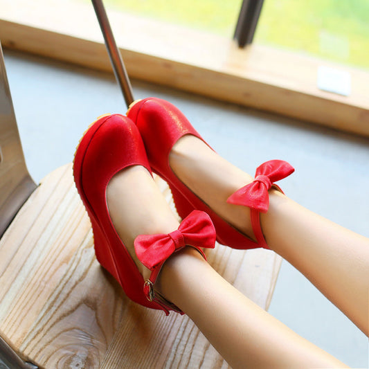 Women Ankle Strap Bowtie Platform Wedges High Heel Pumps