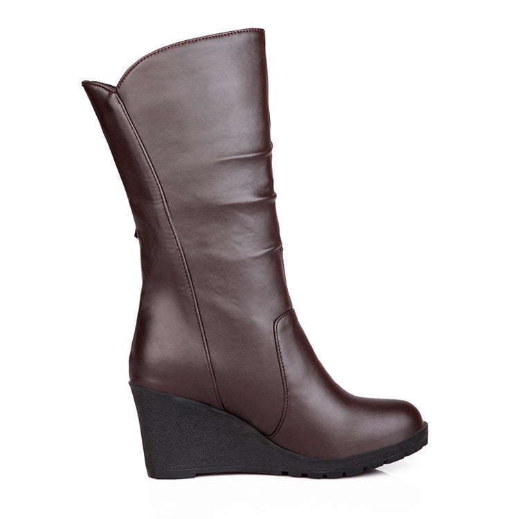 Women Platform Wedges Heel Mid Calf Boots