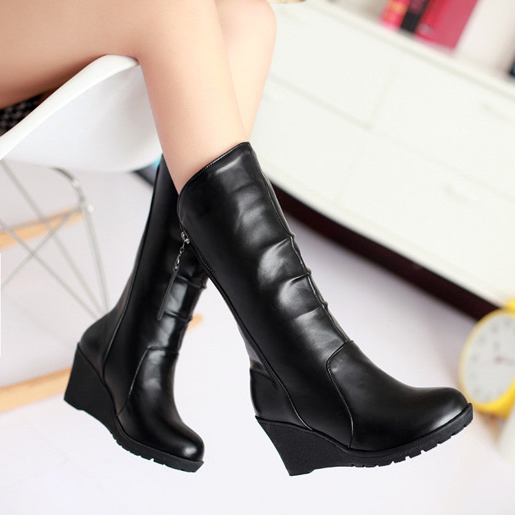 Women Platform Wedges Heel Mid Calf Boots