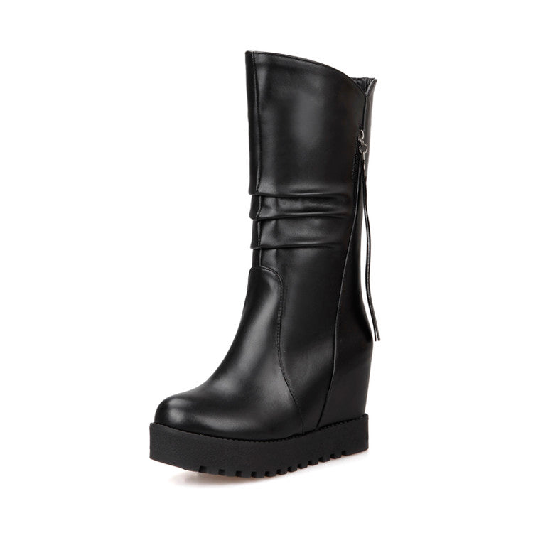 Women Platform Wedges Heel Mid Calf Boots