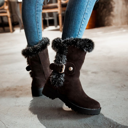 Women Fur Buckle Belt Block Heel Snow Boots