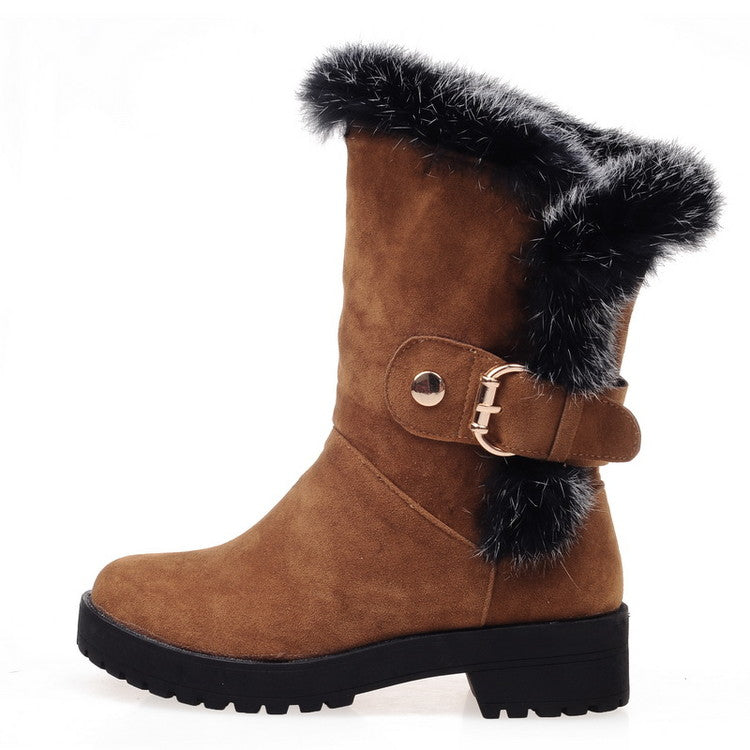 Women Fur Buckle Belt Block Heel Snow Boots