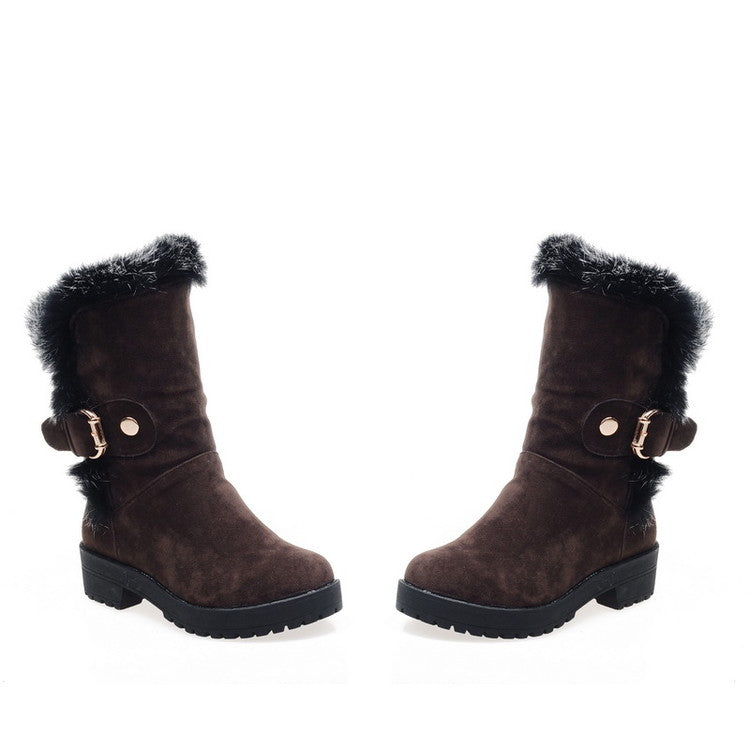 Women Fur Buckle Belt Block Heel Snow Boots