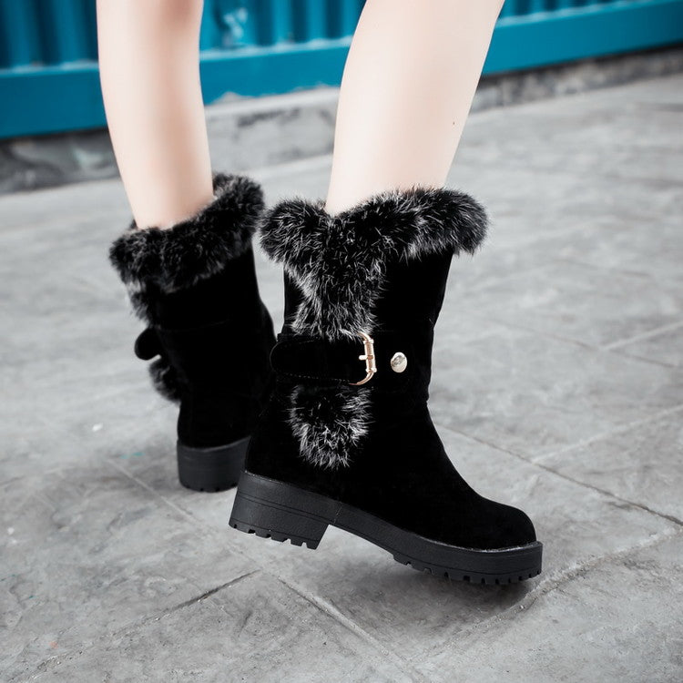 Women Fur Buckle Belt Block Heel Snow Boots