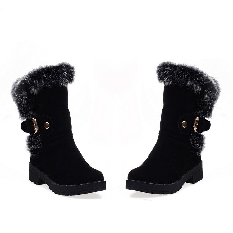 Women Fur Buckle Belt Block Heel Snow Boots