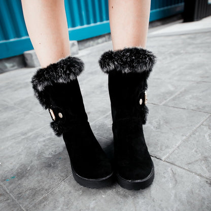 Women Fur Buckle Belt Block Heel Snow Boots