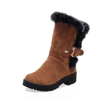 Women Fur Buckle Belt Block Heel Snow Boots