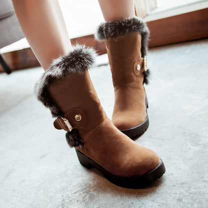 Women Fur Buckle Belt Block Heel Snow Boots