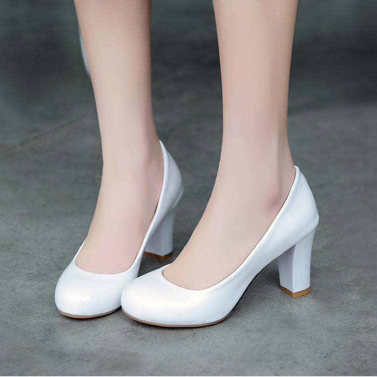 Women Patent Leather Block Heels Pumps