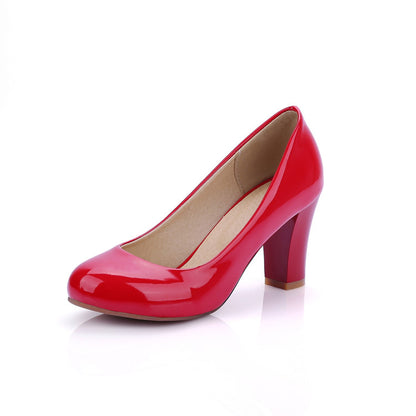 Women Patent Leather Block Heels Pumps