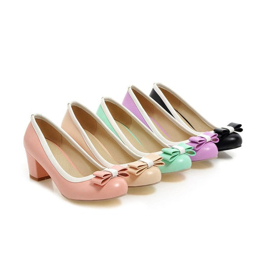 Women Bow Tie High Heels Chunky Pumps