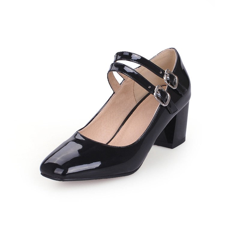 Women Patent Leather Block Heels Pumps