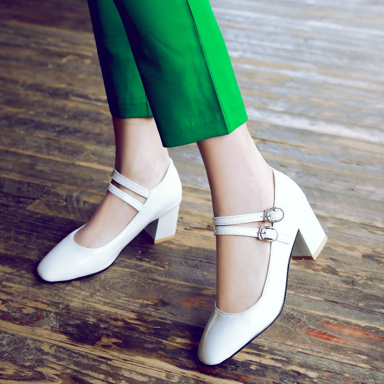 Women Patent Leather Block Heels Pumps